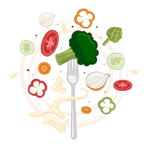 Legumes Frescos Garfo Com Brócolis Ilustração Vetorial Alimentos Saudáveis Dieta — Vetor de Stock
