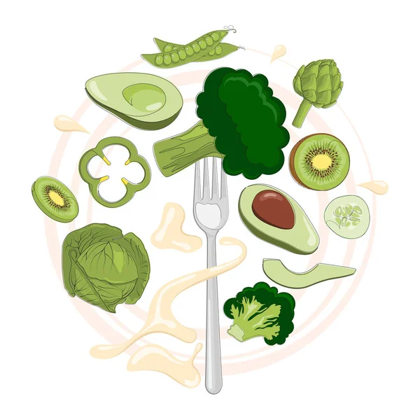 Legumes Verdes Frescos Frutas Garfo Com Brócolis Ilustração Vetorial Alimentos — Vetor de Stock