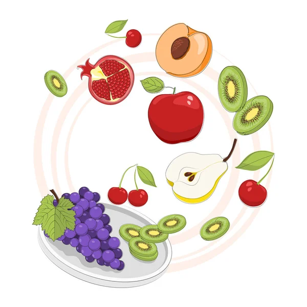 Fresh Fruit Slices Falling Plate Flat Design Illustration Healthy Diet — Stock Vector