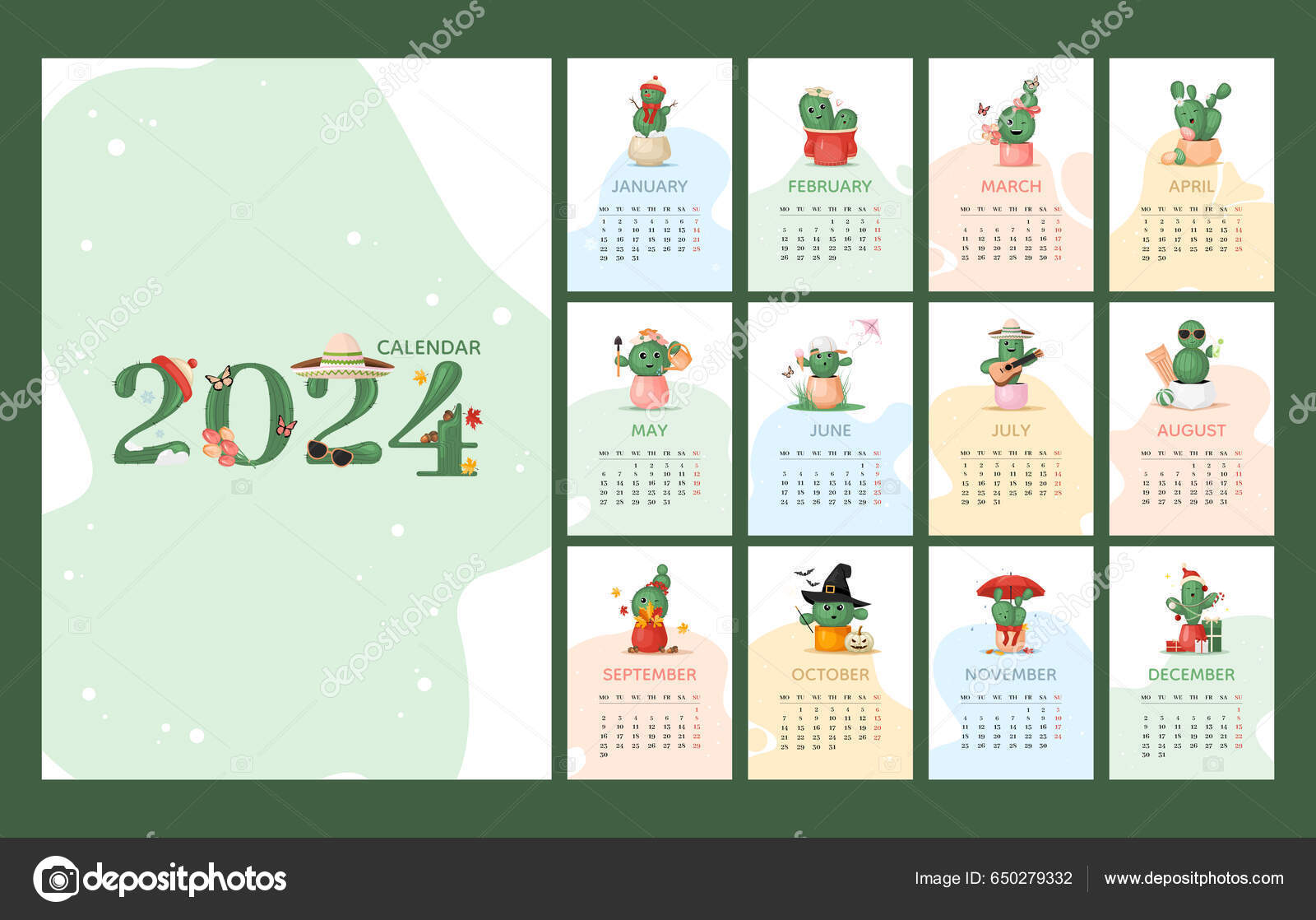 Templat Kalender 2024 Desain Karakter Tanaman Kaktus Yang Berwarna