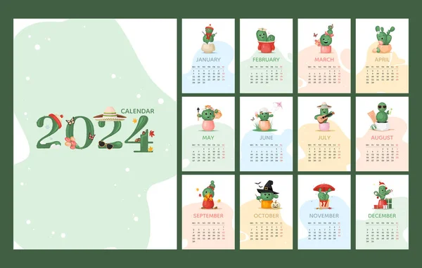 カレンダー2024テンプレート かわいいカラフルなサボテンの植物の文字のデザイン 週の開始月曜日に プランナー 壁のカレンダー ベクターイラスト — ストックベクタ