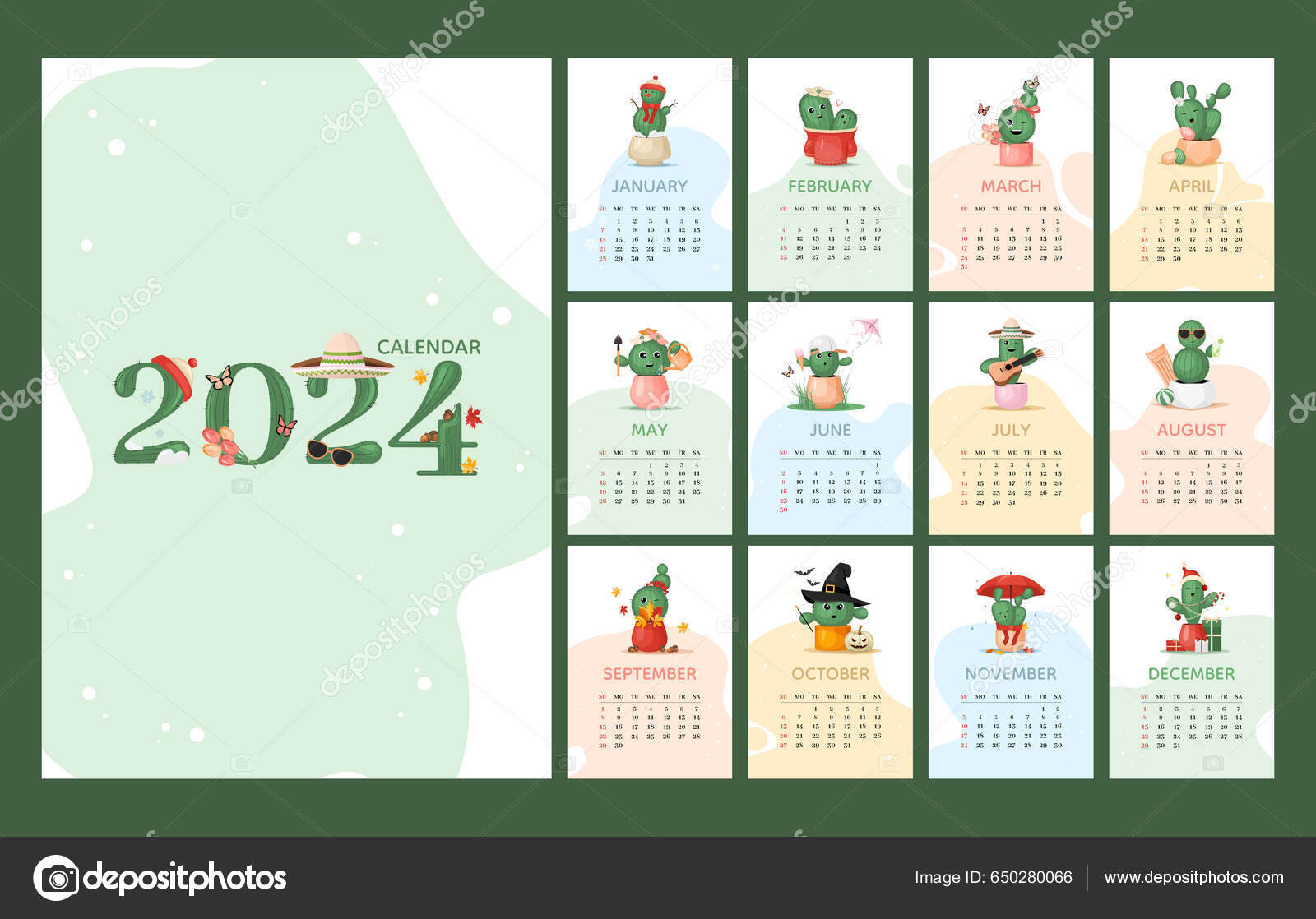 2024 Wall Calendar Planner Sheet Kawaii Yearly Monthly Weekly