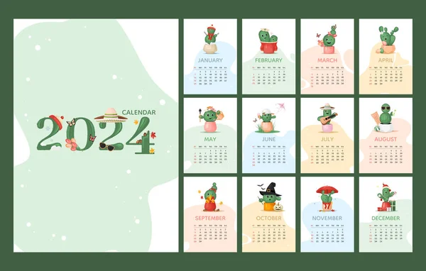 日历2024模板 可爱多彩的仙人掌植物人物设计 周开始周日 规划师 固定的 墙上的日历 矢量说明 — 图库矢量图片