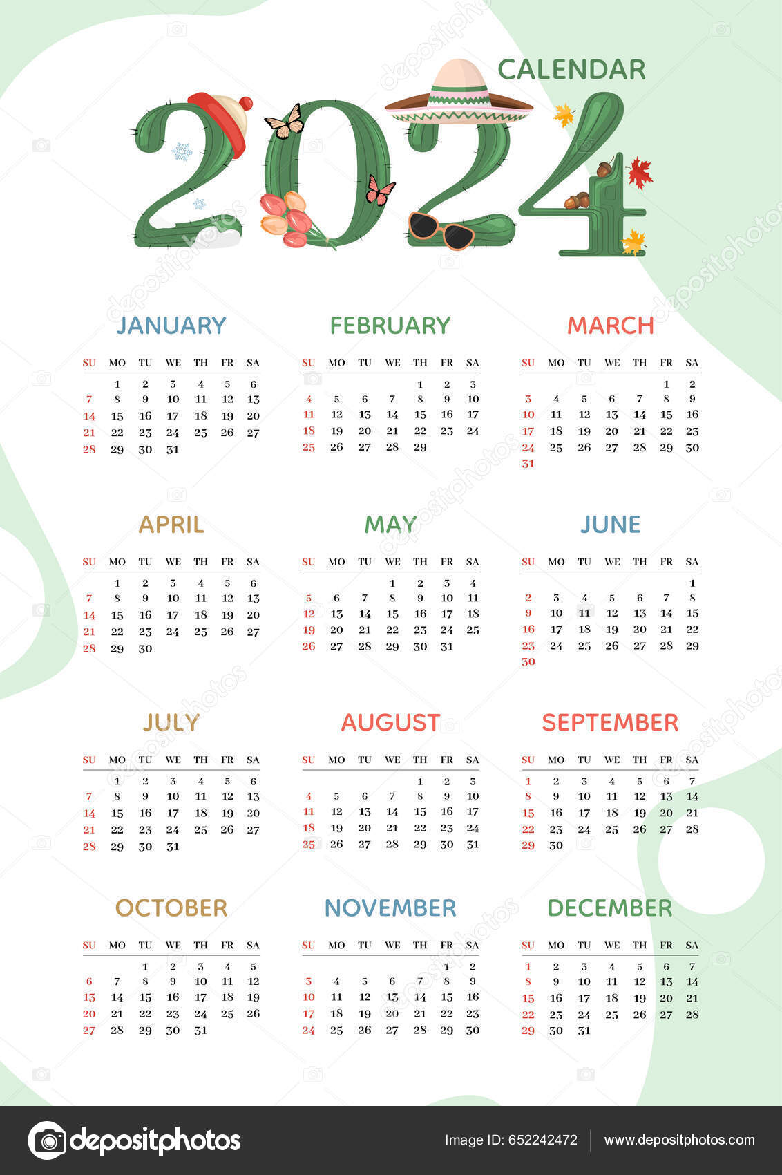 Kalender 2024 Verticaal Sjabloon Met Cactus Nummer Van Het Jaar