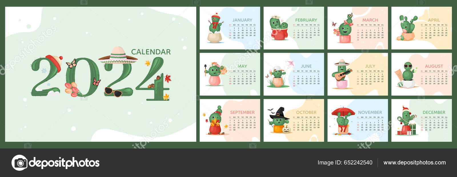 Calendar 2024 Horizontal Template Cute Colorful Cactus Plant Characters