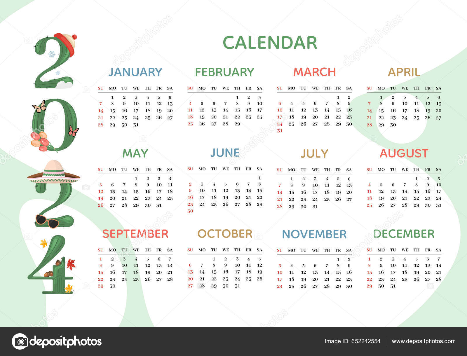 Calendario 2024 Plantilla Horizontal Con Número Cactus Del Año Inicio
