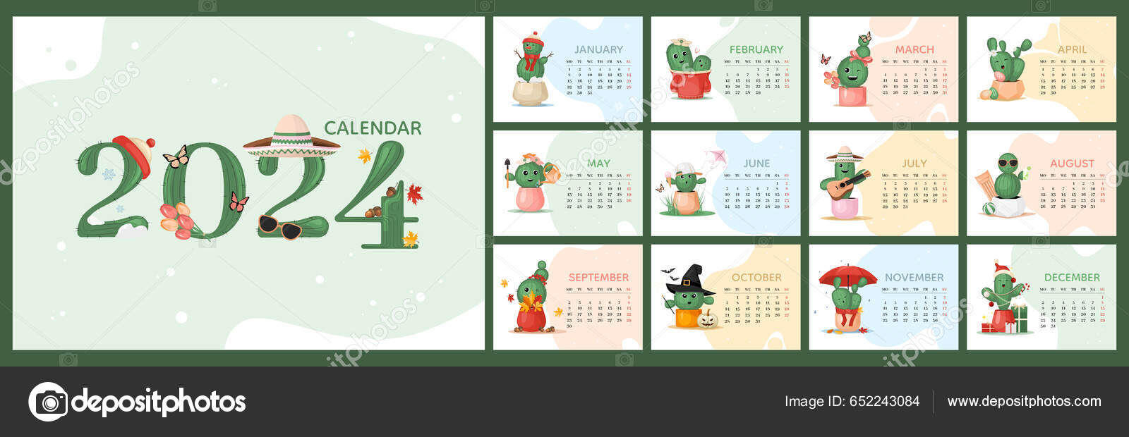 Calendar 2024 Horizontal Template Cute Colorful Cactus Plant Characters