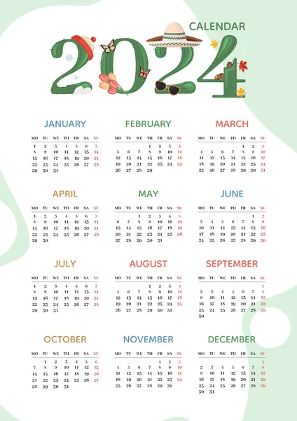 カレンダー2024年のサボテンの数とテンプレート 週の始まり月曜日 プランナー 壁のカレンダー — ストックベクタ