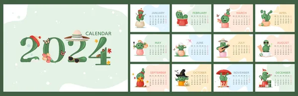 日历2024水平模板 可爱多彩的仙人掌植物人物设计 周开始 星期一 规划师 固定的 墙上的日历 矢量说明 — 图库矢量图片