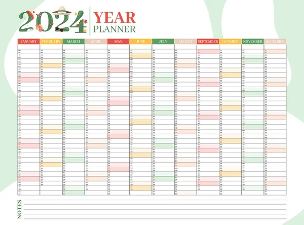 2024年度计划者或组织者设计的模板与仙人掌编号的年份 日记本 固定日历 公司计划员 — 图库矢量图片