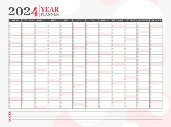 2024 yıllık planlayıcı ya da düzenleyici şablonu kırmızı renkte. Sayfa günlüğü, sabit takvim, kurumsal planlayıcı