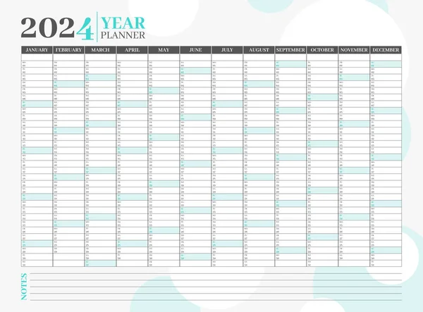 2024 yıllık planlayıcı ya da düzenleyici şablonu mavi renklidir. Sayfa günlüğü, sabit takvim, kurumsal planlayıcı