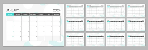 Monatlicher Kalenderplaner Vorlage Für 2024 Jahr Wandkalender Türkisfarbenen Minimalistischen Stil — Stockvektor