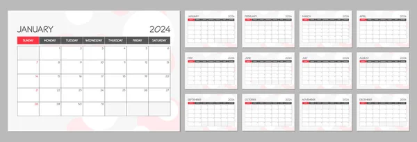 Monatlicher Kalenderplaner Vorlage Für 2024 Jahr Wandkalender Roten Minimalistischen Stil — Stockvektor