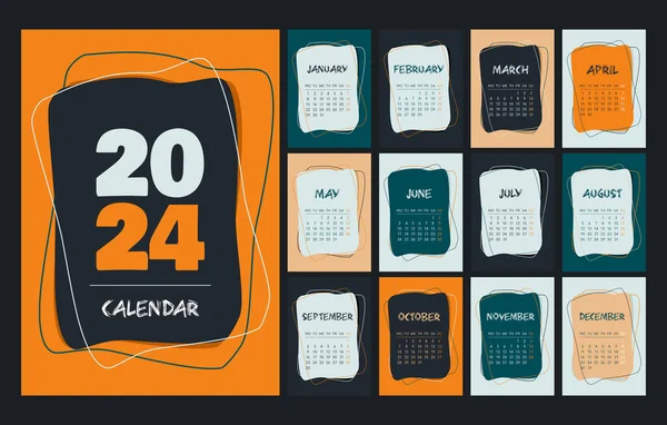 Kalendervorlage 2024 Orange Grün Pfirsich Weiß Und Schwarz Schreibtischkalender Design — Stockvektor