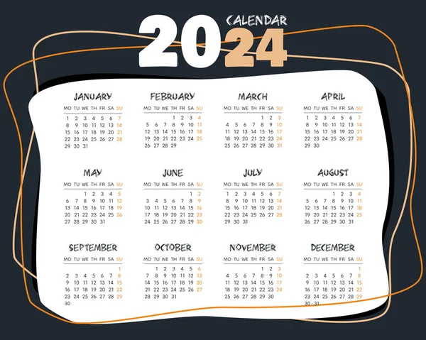 Calendário 2024 Modelo Escuro Horizontal Começo Semana Segunda Feira Planejador — Vetor de Stock