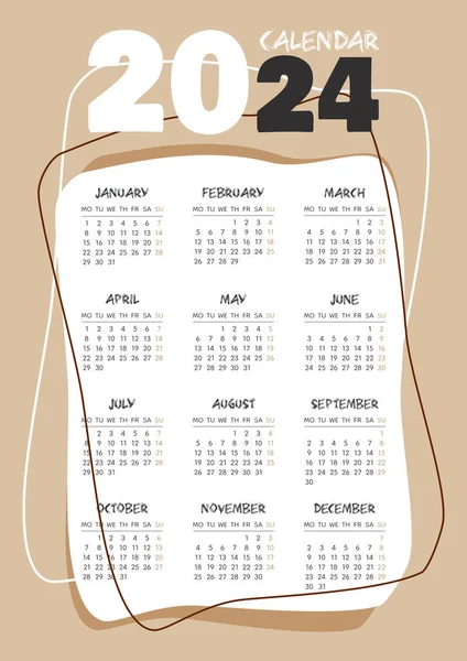 Calendar 2024 Vertical Beige Template Week Start Monday Planner Stationary — Stock Vector