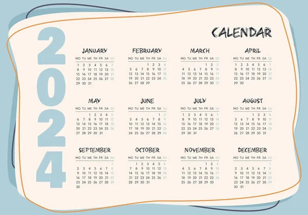 Kalender 2024 Horizontale Blaue Vorlage Wochenstart Montag Planer Schreibwaren Wandkalender — Stockvektor