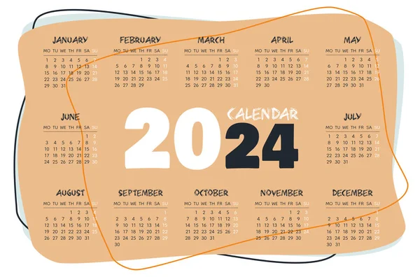Calendário 2024 Modelo Horizontal Bege Branco Começo Semana Segunda Feira — Vetor de Stock