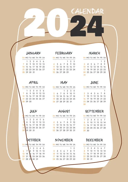 Calendário 2024 Modelo Bege Vertical Começo Semana Domingo Planejador Estacionário — Vetor de Stock