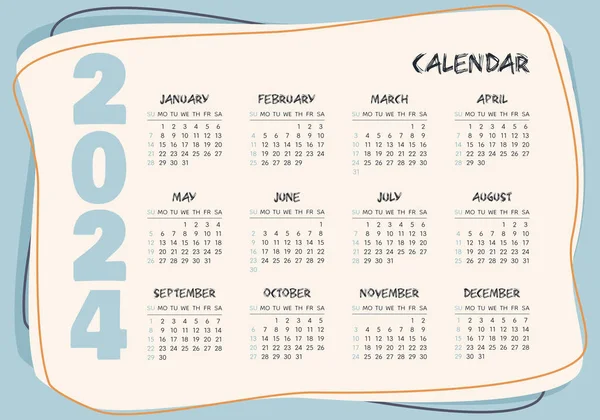 Calendário 2024 Modelo Azul Horizontal Começo Semana Domingo Planejador Estacionário — Vetor de Stock
