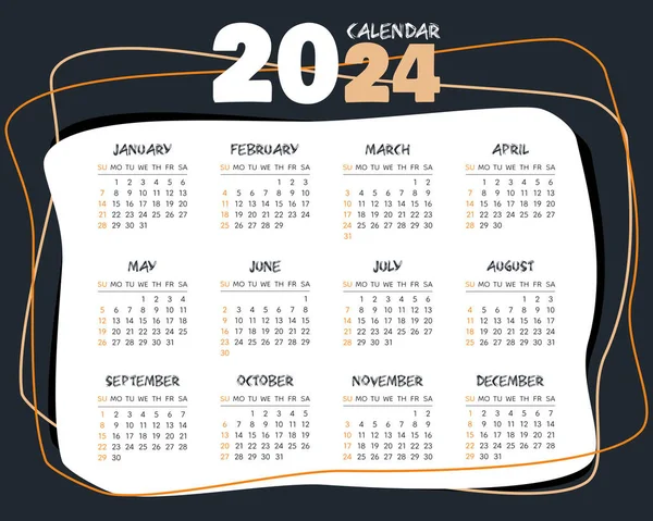 カレンダー2024水平ダークテンプレート 週のスタート日曜日 プランナー 壁のカレンダー — ストックベクタ