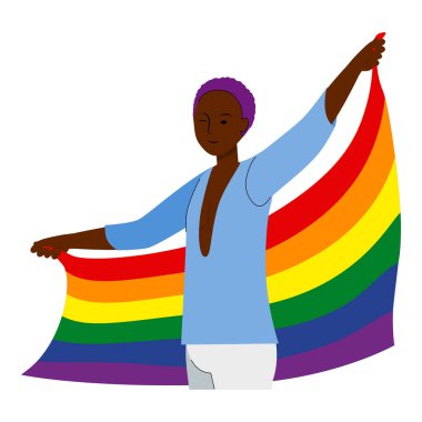 Gurur ayında elinde gökkuşağı bayrağı tutan mutlu adam