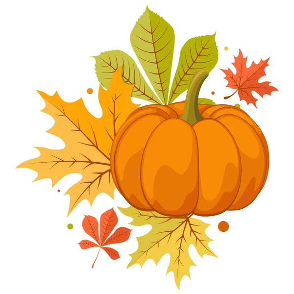 Hand Drawn Autumn Clip Art Pumpkin Colorful Leaves — Stock Vector