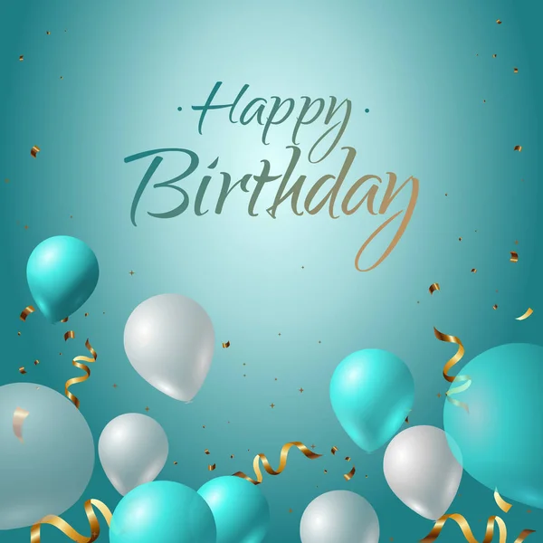 İyi ki doğdun turkuaz davetiye ve balon ve konfeti. Doğum günü kutlaması için şablon