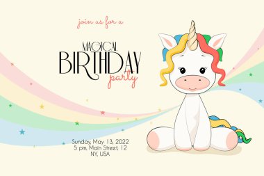 Tatlı gökkuşağı tek boynuzlu atıyla büyülü renkli doğum günü partisi