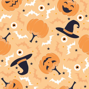 Turuncu arka planda balkabağı karakteri olan Cadılar Bayramı yüzey deseni