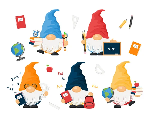 다채로운 모자를 귀여운 Gnomes의 용품을 캐릭터 — 스톡 벡터