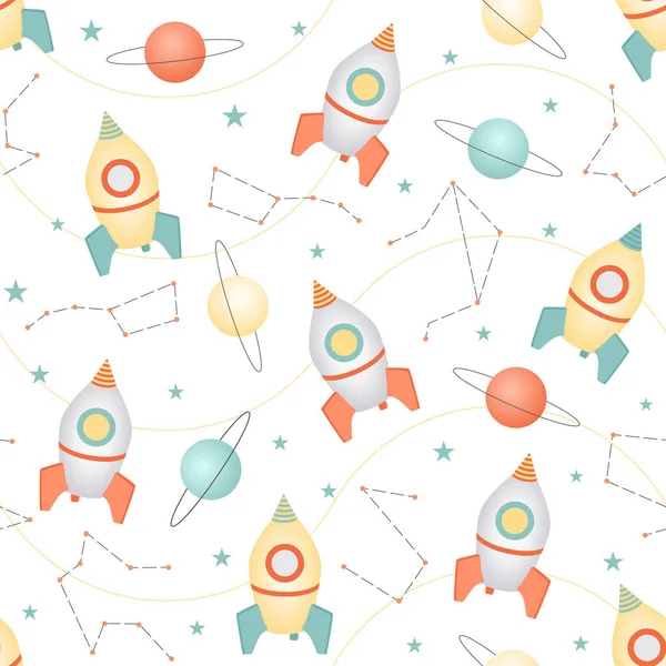 Gökada gökkuşağındaki uzay gemileri gezegenler ve yıldızlarla kusursuz bebek odası desenleri