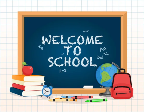 Επιστροφή Στο Σχολείο Υπογράψει Στο Chalkboard Πανό Εκπαιδευτικό Σχολείο Προμήθειες — Διανυσματικό Αρχείο