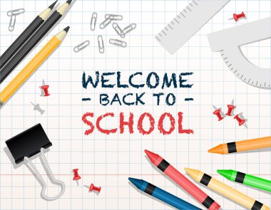 Okul ilanına hoş geldiniz. Okul malzemesi pankartı.