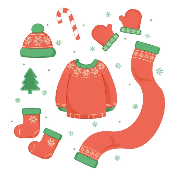 Set Knitted Cute Cozy Christmas Clothing — Stock Vector
