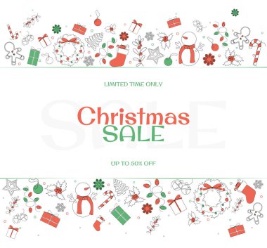 Christmas horizontal sale card with red and green minimalist decorations