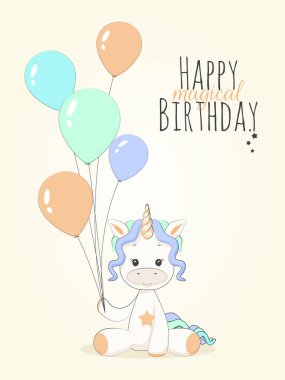 Mutlu yıllar gökkuşağı balonlu şirin tek boynuzlu at.