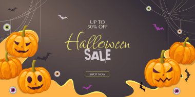 Halloween sale with scary pumpkins, bats and creepy eyeballs clipart