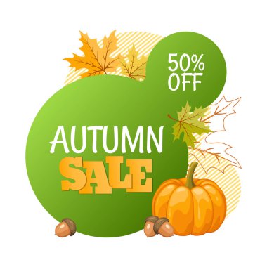 Renkli yapraklar, meşe palamutları ve balkabağı içeren yeşil soyutta sonbahar indirimi etiketi