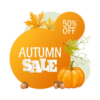 Renkli yapraklar, meşe palamudu ve balkabağı içeren sarı soyutta sonbahar indirimi etiketi