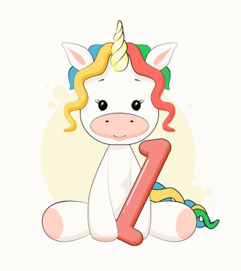 Cute Rainbow Unicorn holding number 1. Magical one year old Birthday sticker
