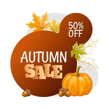 Renkli yapraklar, meşe palamudu ve balkabağı içeren kahverengi soyutta sonbahar indirimi etiketi