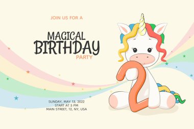 2 year old Magical kids birthday party invitation with cute rainbow unicorn