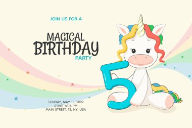 5 years old Magical kids birthday party invitation with cute rainbow unicorn