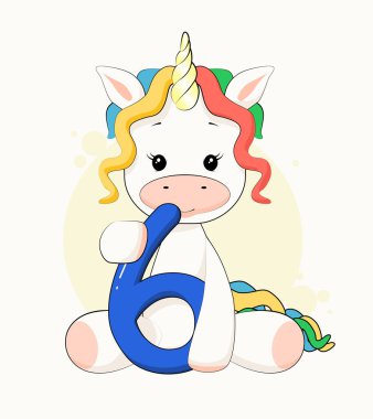 Cute Rainbow Unicorn holding number 6. Magical six years old Birthday sticker