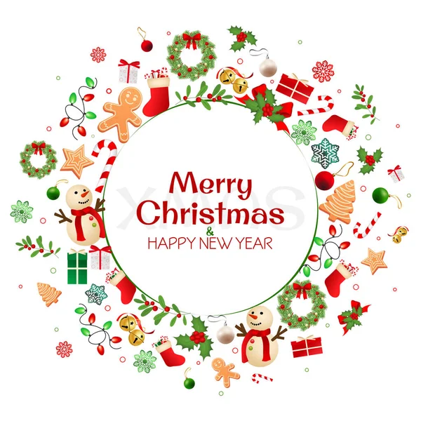 Christmas round greeting card with realistic decorations