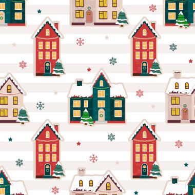 İskandinav renkli Noel evleri ile kusursuz yüzey dekorasyonu deseni