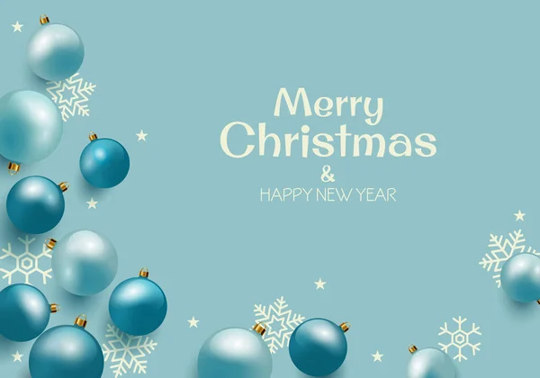Dekoratif topları ve tebrik işareti olan mavi bir Noel arkaplanı.