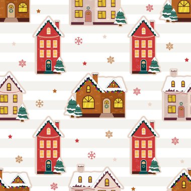 İskandinav renkli Noel evleri ile kusursuz yüzey dekorasyonu deseni